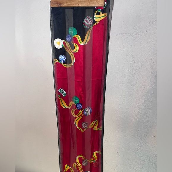 Holiday Ribbon and Ornaments Scarf on a Red Background Semi Sheer - Picture 2 of 3